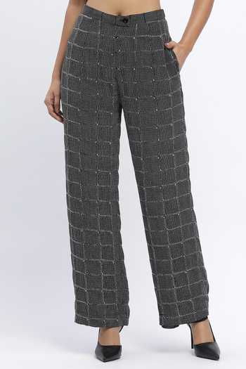 ABRAHAM AND THAKORE_Black Chanderi Sequins, Embroidery Chequered Print Trouser _Online_at_Aza_Fashions