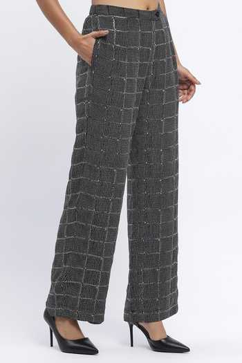 Shop_ABRAHAM AND THAKORE_Black Chanderi Sequins, Embroidery Chequered Print Trouser _Online_at_Aza_Fashions