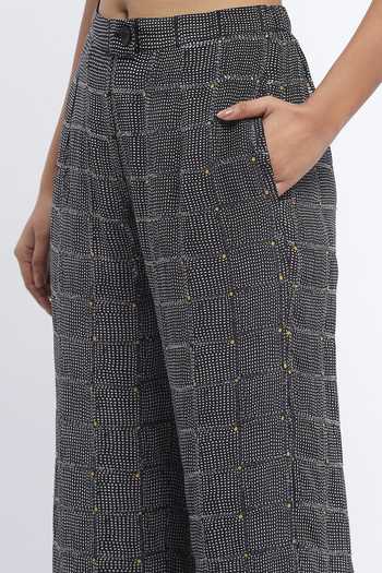ABRAHAM AND THAKORE_Black Chanderi Sequins, Embroidery Chequered Print Trouser _at_Aza_Fashions