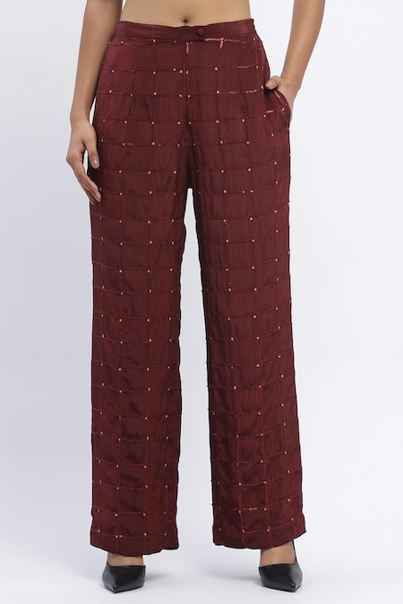 Abraham And Thakore_Maroon Chanderi Sequins Chequered Dot Print Trouser _Online_at_Aza_Fashions