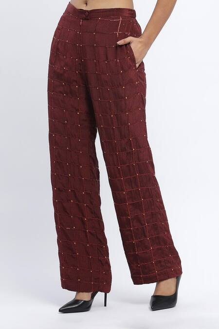 Buy_Abraham And Thakore_Maroon Chanderi Sequins Chequered Dot Print Trouser _Online_at_Aza_Fashions