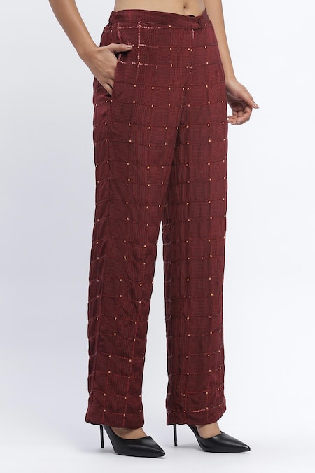 Shop_Abraham And Thakore_Maroon Chanderi Sequins Chequered Dot Print Trouser _Online_at_Aza_Fashions
