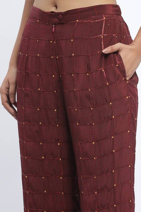 Abraham And Thakore_Maroon Chanderi Sequins Chequered Dot Print Trouser _at_Aza_Fashions