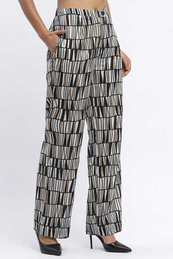 Shop_ABRAHAM AND THAKORE_Black Chanderi Sequins Broken Lines Print Trouser _Online_at_Aza_Fashions