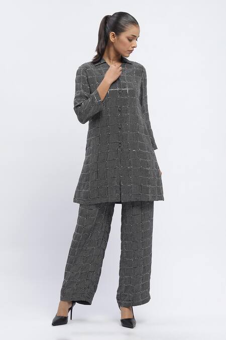 Abraham & Thakore Straight Chequered Dot Print Trouser 