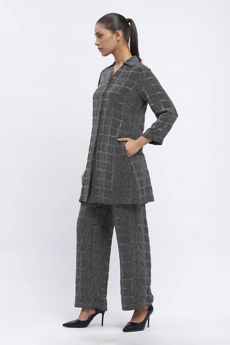 Abraham And Thakore Black Chanderi Sequins Straight Chequered Dot Print Trouser Online at Aza Fashions Abraham And Thakore_Black Chanderi Sequins Straight Chequered Dot Print Trouser _Online_at_Aza_Fashions