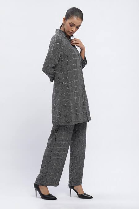 Buy Abraham And Thakore Black Chanderi Sequins Straight Chequered Dot Print Trouser Online at Aza Fashions Buy_Abraham And Thakore_Black Chanderi Sequins Straight Chequered Dot Print Trouser _Online_at_Aza_Fashions