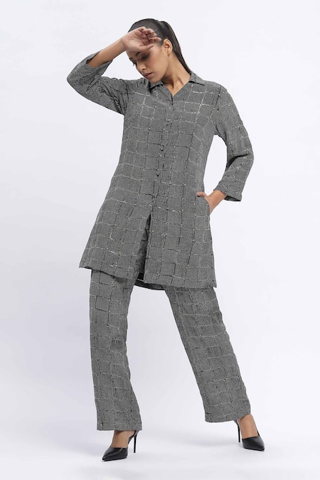 Shop Abraham And Thakore Black Chanderi Sequins Straight Chequered Dot Print Trouser Online at Aza Fashions Shop_Abraham And Thakore_Black Chanderi Sequins Straight Chequered Dot Print Trouser _Online_at_Aza_Fashions