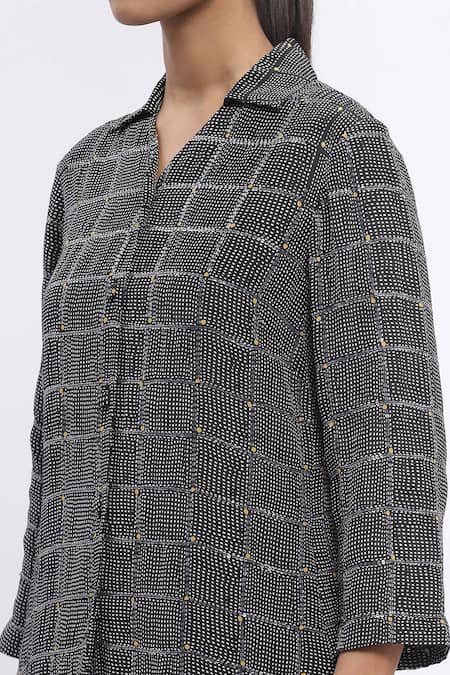 Abraham And Thakore Black Chanderi Sequins Straight Chequered Dot Print Trouser at Aza Fashions Abraham And Thakore_Black Chanderi Sequins Straight Chequered Dot Print Trouser _at_Aza_Fashions