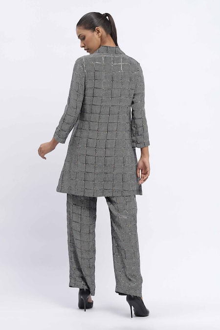 Shop Abraham And Thakore Black Chanderi Sequins Straight Chequered Dot Print Trouser at Aza Fashions Shop_Abraham And Thakore_Black Chanderi Sequins Straight Chequered Dot Print Trouser _at_Aza_Fashions