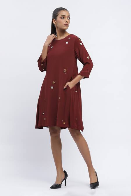 Abraham And Thakore_Maroon Crepe Pearls, Sequins, Rhinestones Round Neck Embellished Dress _Online_at_Aza_Fashions
