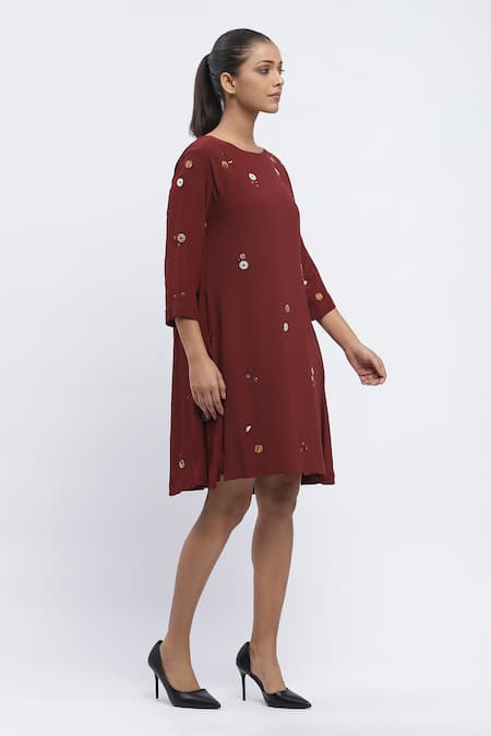 Buy_Abraham And Thakore_Maroon Crepe Pearls, Sequins, Rhinestones Round Neck Embellished Dress _Online_at_Aza_Fashions