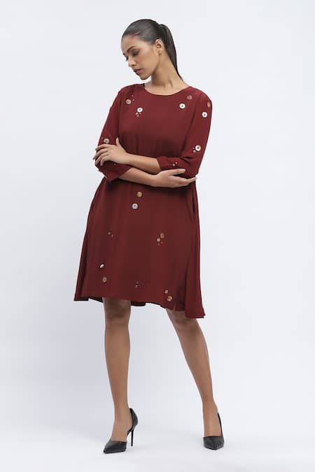 Shop_Abraham And Thakore_Maroon Crepe Pearls, Sequins, Rhinestones Round Neck Embellished Dress _Online_at_Aza_Fashions