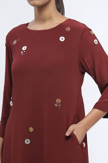 Abraham And Thakore_Maroon Crepe Pearls, Sequins, Rhinestones Round Neck Embellished Dress _at_Aza_Fashions