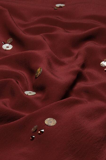 Buy_Abraham And Thakore_Maroon Crepe Pearls, Sequins, Rhinestones Round Neck Embellished Dress 