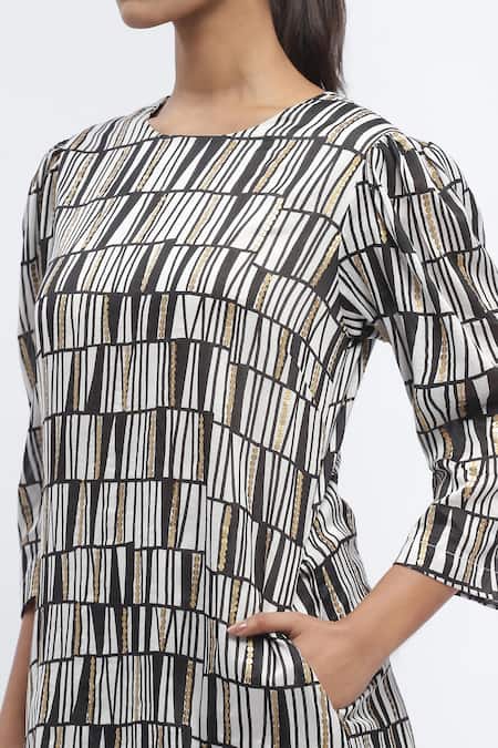 Shop_Abraham And Thakore_Black Chanderi Sequins, Embroidery Round Neck Embellished Printed Dress _Online_at_Aza_Fashions