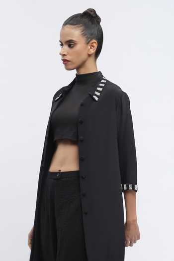 ABRAHAM AND THAKORE_Black Crepe Beads Collared Rhinestone Embellished Dress _Online_at_Aza_Fashions