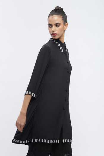 Buy_ABRAHAM AND THAKORE_Black Crepe Beads Collared Rhinestone Embellished Dress _Online_at_Aza_Fashions