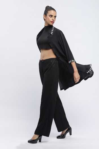 Shop_ABRAHAM AND THAKORE_Black Crepe Beads Collared Rhinestone Embellished Dress _Online_at_Aza_Fashions