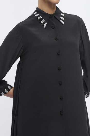 ABRAHAM AND THAKORE_Black Crepe Beads Collared Rhinestone Embellished Dress _at_Aza_Fashions