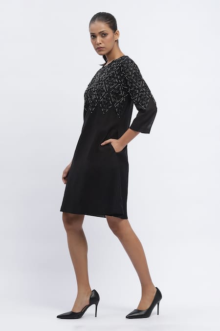Abraham And Thakore Black Chanderi Sequins Round Neck Embroidered Dress Online at Aza Fashions Abraham And Thakore_Black Chanderi Sequins Round Neck Embroidered Dress _Online_at_Aza_Fashions