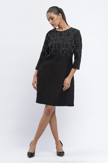 Shop Abraham And Thakore Black Chanderi Sequins Round Neck Embroidered Dress Online at Aza Fashions Shop_Abraham And Thakore_Black Chanderi Sequins Round Neck Embroidered Dress _Online_at_Aza_Fashions