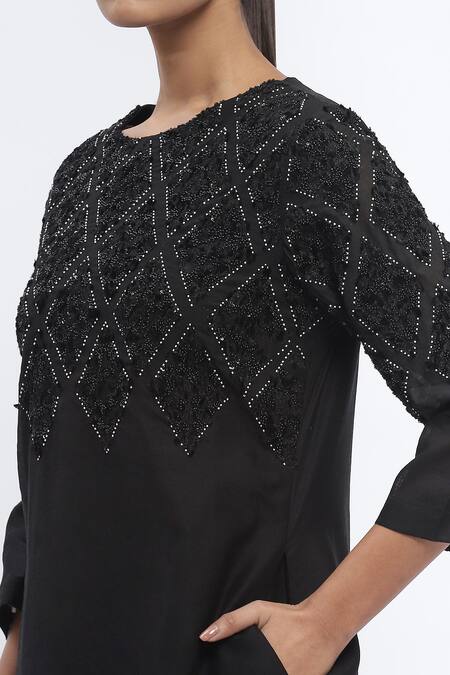 Abraham And Thakore Black Chanderi Sequins Round Neck Embroidered Dress at Aza Fashions Abraham And Thakore_Black Chanderi Sequins Round Neck Embroidered Dress _at_Aza_Fashions