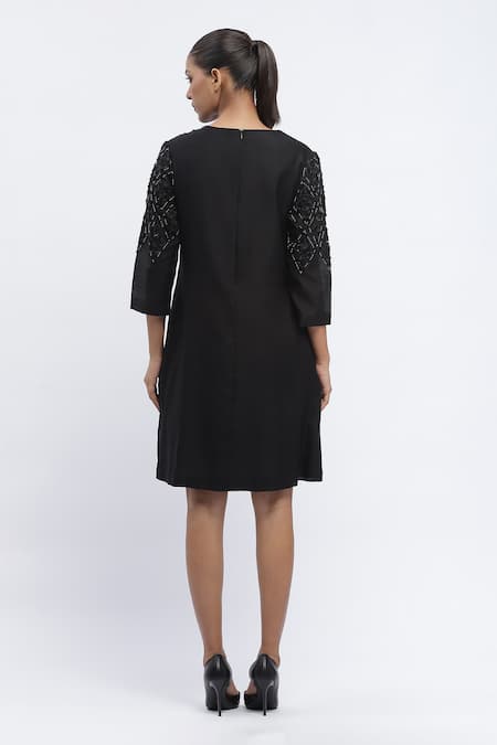 Shop Abraham And Thakore Black Chanderi Sequins Round Neck Embroidered Dress at Aza Fashions Shop_Abraham And Thakore_Black Chanderi Sequins Round Neck Embroidered Dress _at_Aza_Fashions