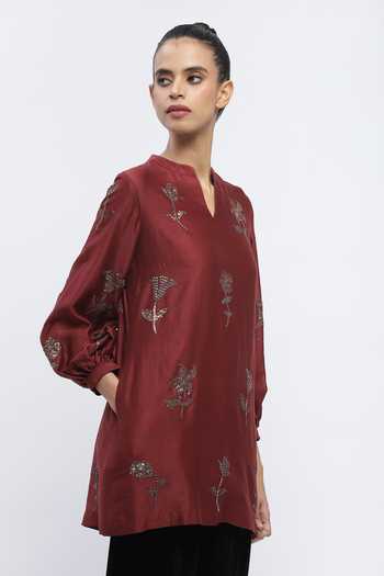Buy_ABRAHAM AND THAKORE_Burgundy Chanderi Embroidery, Sequins Mandarin Collar Butta Top _Online_at_Aza_Fashions