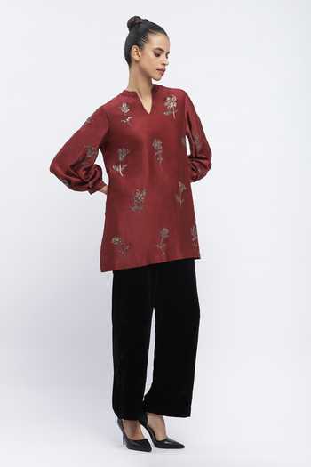 Shop_ABRAHAM AND THAKORE_Burgundy Chanderi Embroidery, Sequins Mandarin Collar Butta Top _Online_at_Aza_Fashions