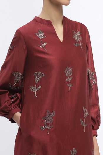 ABRAHAM AND THAKORE_Burgundy Chanderi Embroidery, Sequins Mandarin Collar Butta Top _at_Aza_Fashions