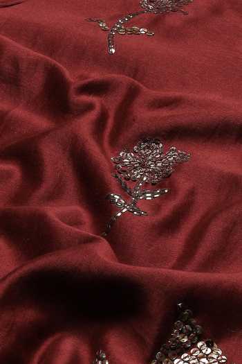 Buy_ABRAHAM AND THAKORE_Burgundy Chanderi Embroidery, Sequins Mandarin Collar Butta Top 
