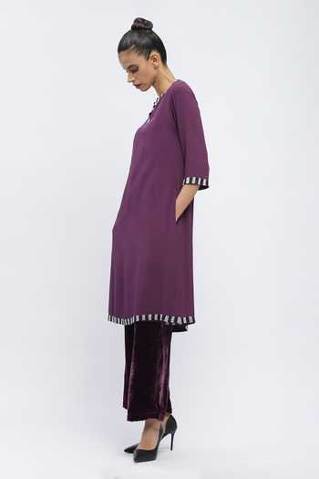 ABRAHAM AND THAKORE_Purple Crepe Beads Collared Embroidered Kurta _Online_at_Aza_Fashions