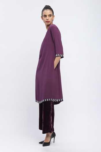 Shop_ABRAHAM AND THAKORE_Purple Crepe Beads Collared Embroidered Kurta _Online_at_Aza_Fashions