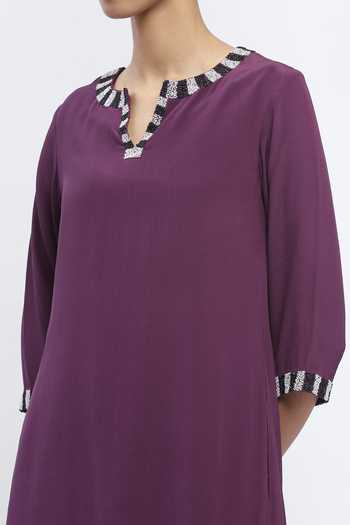 ABRAHAM AND THAKORE_Purple Crepe Beads Collared Embroidered Kurta _at_Aza_Fashions