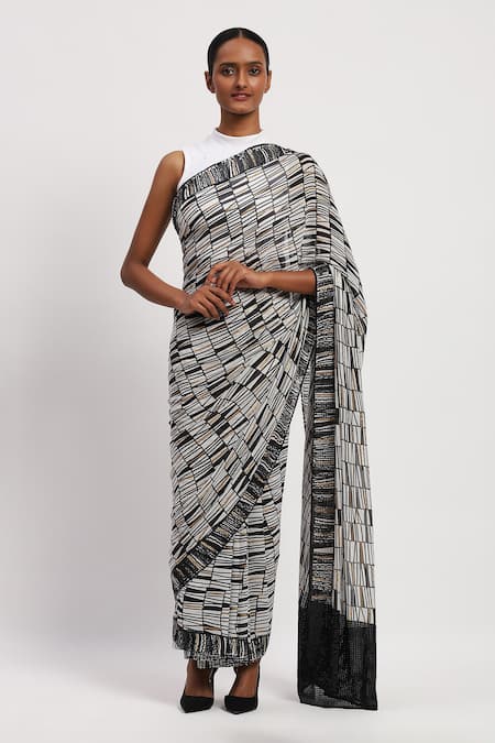 Abraham & Thakore Printed Sequin Embroidered Saree 