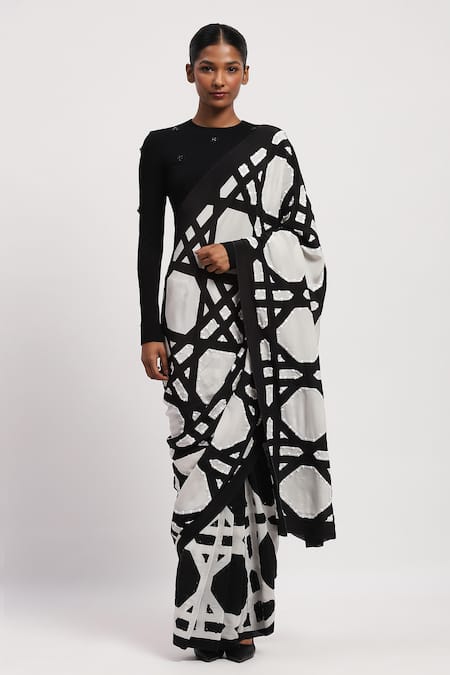 Abraham & Thakore Geometric Print Embellished Saree 