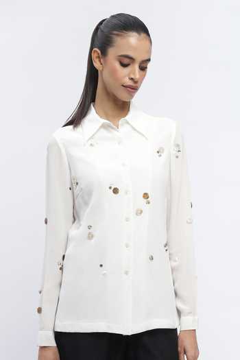ABRAHAM AND THAKORE_Ivory Crepe Embroidery Collared Rhinestone Embellished Shirt _Online_at_Aza_Fashions