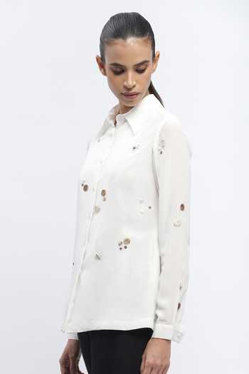 Buy_ABRAHAM AND THAKORE_Ivory Crepe Embroidery Collared Rhinestone Embellished Shirt _Online_at_Aza_Fashions