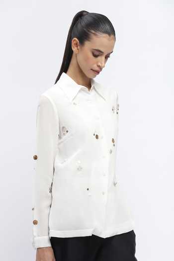 Shop_ABRAHAM AND THAKORE_Ivory Crepe Embroidery Collared Rhinestone Embellished Shirt _Online_at_Aza_Fashions