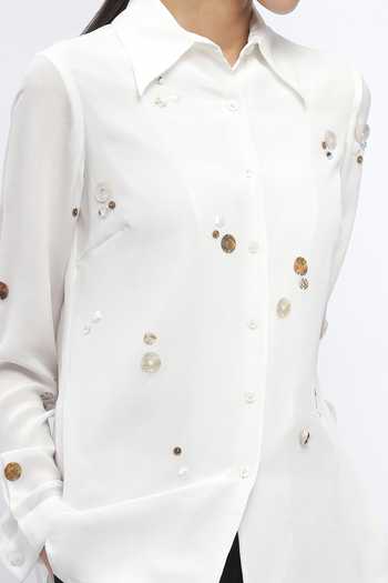 ABRAHAM AND THAKORE_Ivory Crepe Embroidery Collared Rhinestone Embellished Shirt _at_Aza_Fashions