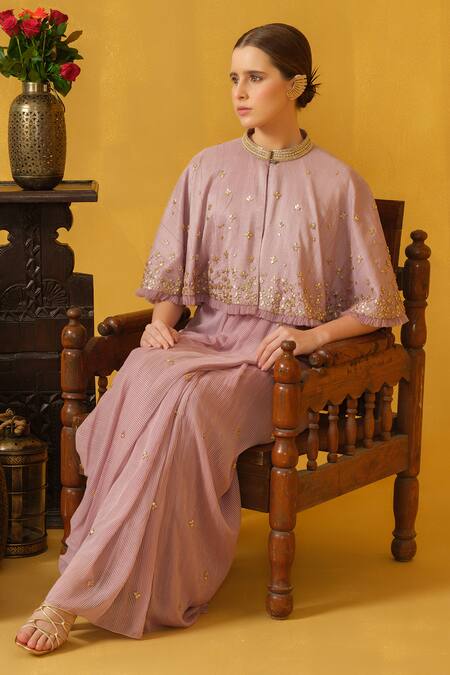 Abstract By Megha Jain Madaan_Purple Silk, Jersey, Cotton, Chiffon Embellished Pre-draped Saree With Cape _Online_at_Aza_Fashions