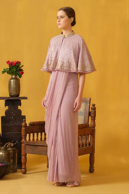 Buy_Abstract By Megha Jain Madaan_Purple Silk, Jersey, Cotton, Chiffon Embellished Pre-draped Saree With Cape _Online_at_Aza_Fashions