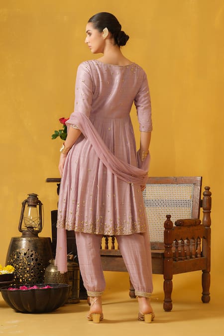 Shop_Abstract By Megha Jain Madaan_Purple Tulle, Silk, Cotton Beads, Diamonds, Embellished Kurta Jogger Pant Set _at_Aza_Fashions