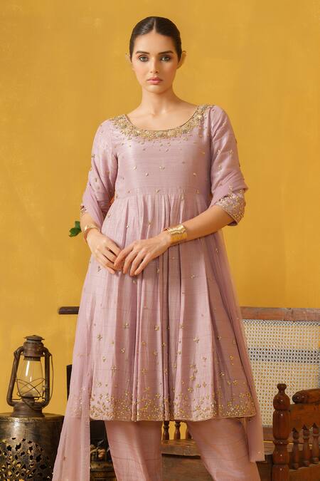 Abstract By Megha Jain Madaan_Purple Tulle, Silk, Cotton Beads, Diamonds, Embellished Kurta Jogger Pant Set _Online_at_Aza_Fashions