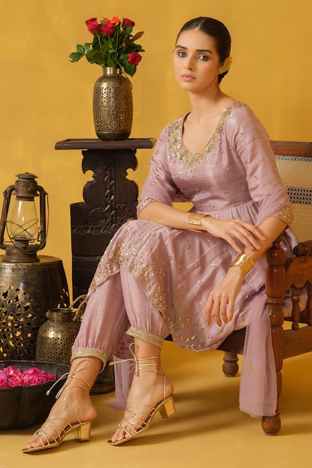 Buy_Abstract By Megha Jain Madaan_Purple Tulle, Silk, Cotton Beads, Diamonds, Embellished Kurta Jogger Pant Set _Online_at_Aza_Fashions