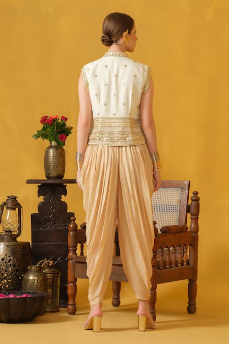 Shop_Abstract By Megha Jain Madaan_Beige Silk, Cotton Beads, Diamonds Mandarin Embellished Jacket With Dhoti Pant _at_Aza_Fashions