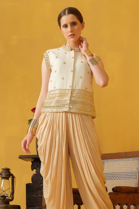 Buy_Abstract By Megha Jain Madaan_Beige Silk, Cotton Beads, Diamonds Mandarin Embellished Jacket With Dhoti Pant _Online_at_Aza_Fashions