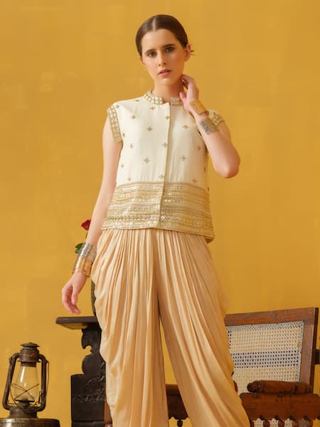 Shop_Abstract By Megha Jain Madaan_Beige Silk, Cotton Beads, Diamonds Mandarin Embellished Jacket With Dhoti Pant _Online_at_Aza_Fashions