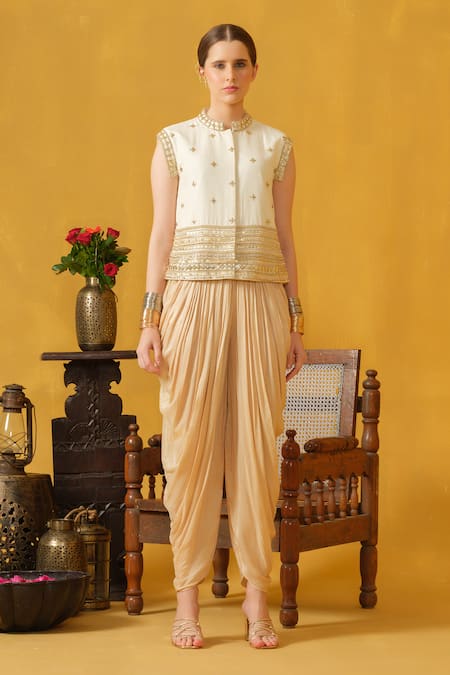 Abstract By Megha Jain Madaan_Beige Silk, Cotton Beads, Diamonds Mandarin Embellished Jacket With Dhoti Pant _at_Aza_Fashions